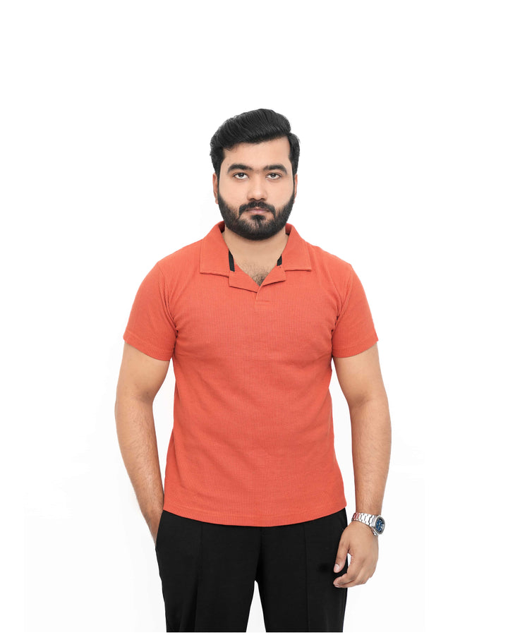 Men’s Textured Waffle Knit Open-Collar Polo- Rust / Burnt Orange Genzee Store polo