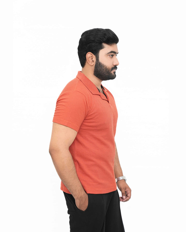 Men’s Textured Waffle Knit Open-Collar Polo- Rust / Burnt Orange Genzee Store polo