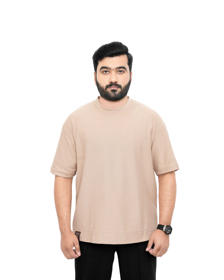 Men’s Vertical Rib Knit Drop-Shoulder T-Shirt in Beige Genzee Store Drop Shoulder Tee