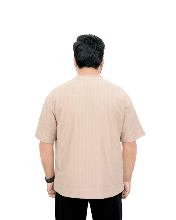 Men’s Vertical Rib Knit Drop-Shoulder T-Shirt in Beige Genzee Store Drop Shoulder Tee
