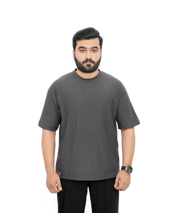 Men’s Vertical Rib Knit Drop-Shoulder T-Shirt in Gray Genzee Store Drop Shoulder Tee