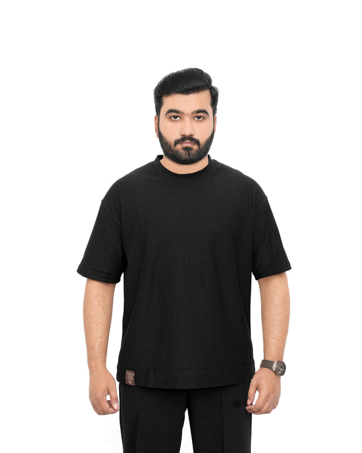 Men’s Vertical Rib Knit Drop-Shoulder T-Shirt in black Genzee Store Drop Shoulder Tee