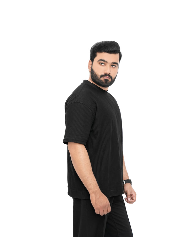 Men’s Vertical Rib Knit Drop-Shoulder T-Shirt in black Genzee Store Drop Shoulder Tee