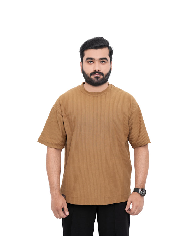 Men’s Vertical Rib Knit Drop-Shoulder T-Shirt in Camel Genzee Store Drop Shoulder Tee
