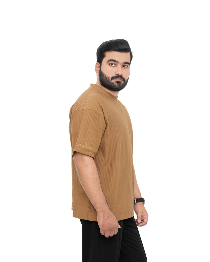 Men’s Vertical Rib Knit Drop-Shoulder T-Shirt in Camel Genzee Store Drop Shoulder Tee