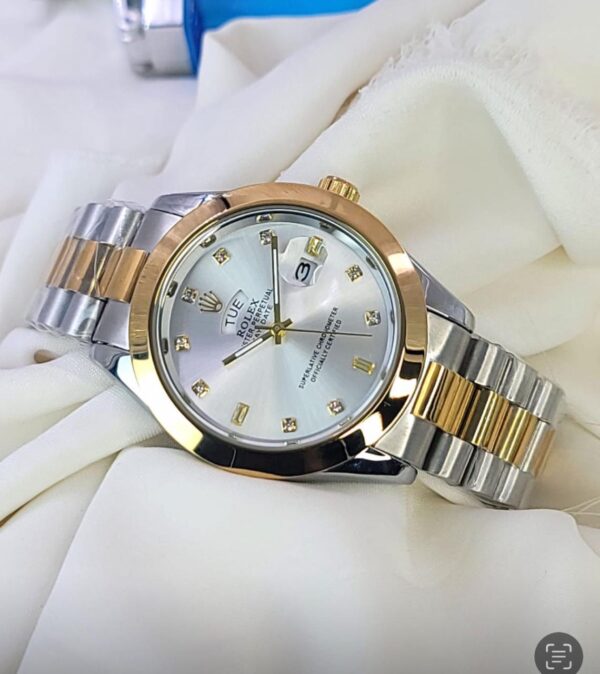 Luxury Dual-Tone Rolex Watch – Gold & Silver Stainless Steel with Diamond Markers and Date Display